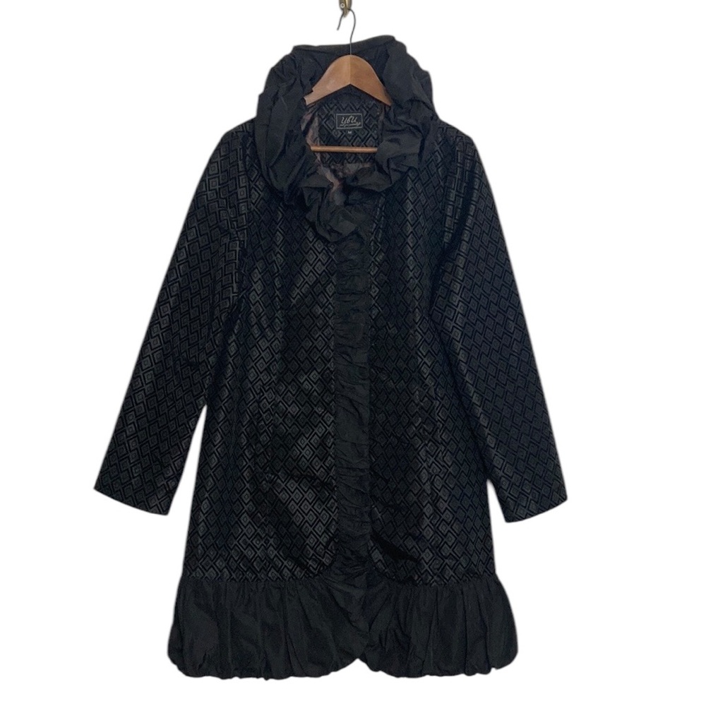 UBU Jacket Womens Medium Black Diamond Velvet Brown Animal Print Ruffle Trim